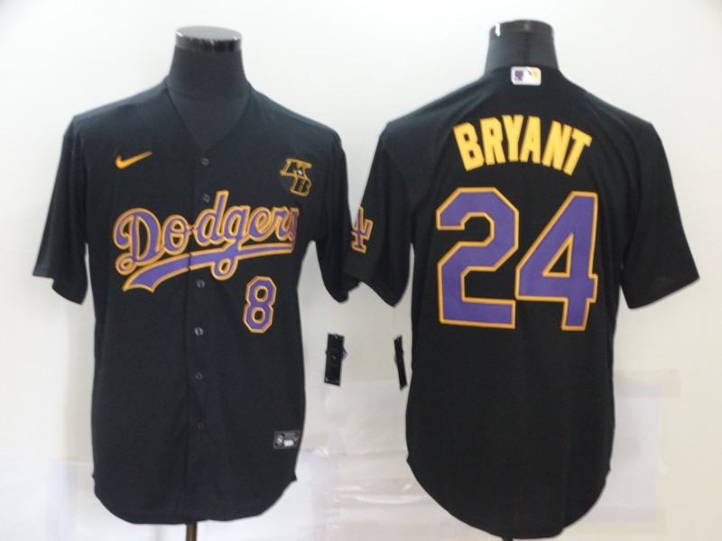 Men's Los Angeles Dodgers Black Front #8 Back #24 Kobe Bryant Throwback With KB Patch Cool Base Stitched Jersey